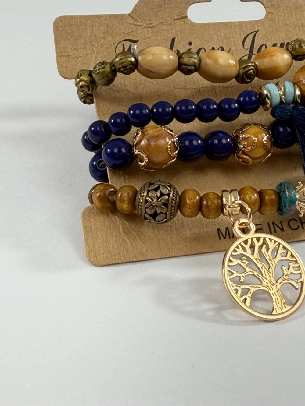 Fashion Jewelry Navy and Brown Beaded Bracelet Stack with Tree Charm